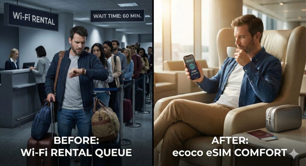 ecoco esimを使えば空港でのWi-Fiレンタル行列を回避してラウンジで快適に過ごせるイメージ