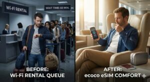 ecoco esimを使えば空港でのWi-Fiレンタル行列を回避してラウンジで快適に過ごせるイメージ