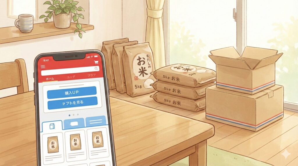 イトーヨーカドーのネット通販で購入した備蓄米とスマートフォンのイメージイラスト