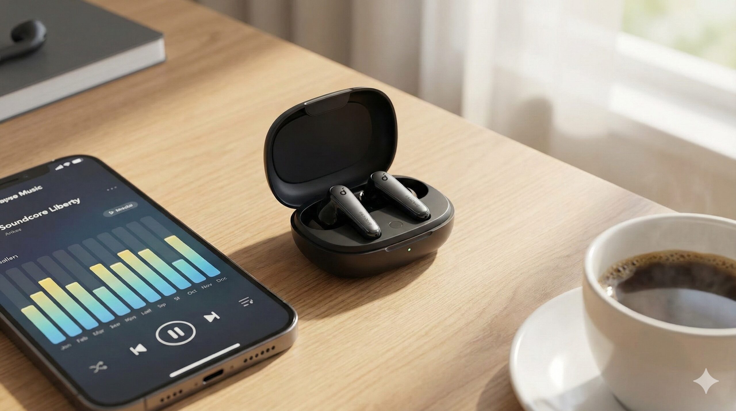 Anker Soundcore Liberty 5の本体と充電ケース、スマホアプリの画面