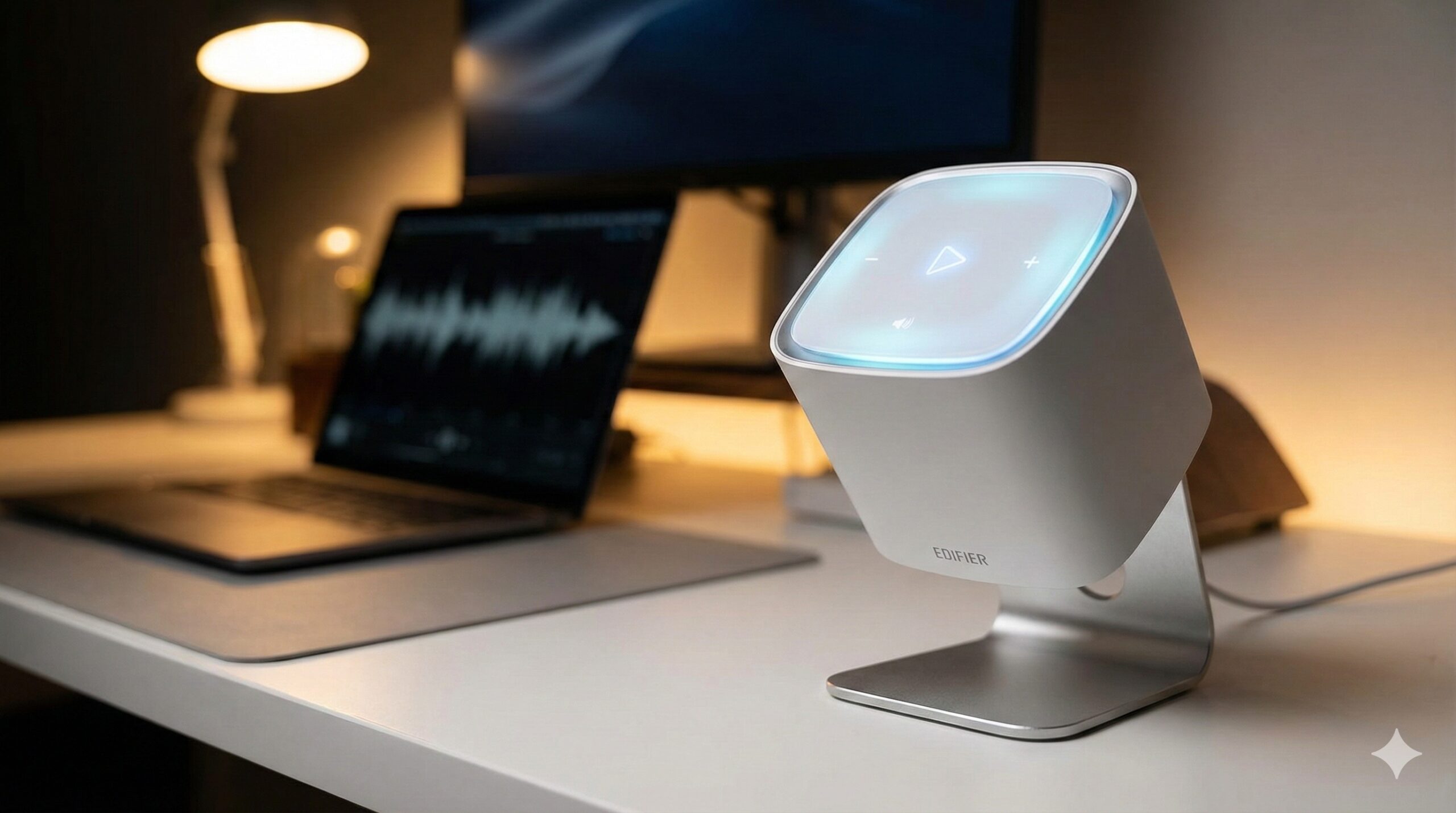 Edifier M60のタッチパネル操作と洗練されたデスクセットアップ