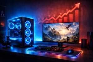 FRONTIERゲーミングPCのセットアップイメージと、PCパーツ価格高騰を示すグラフの背景