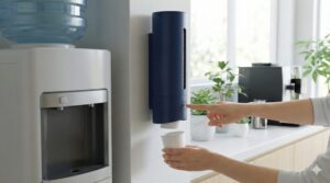 ウォーターサーバーの横に設置されたサンナップ製紙コップディスペンサーから、ボタン一つでスムーズにコップを取り出している様子