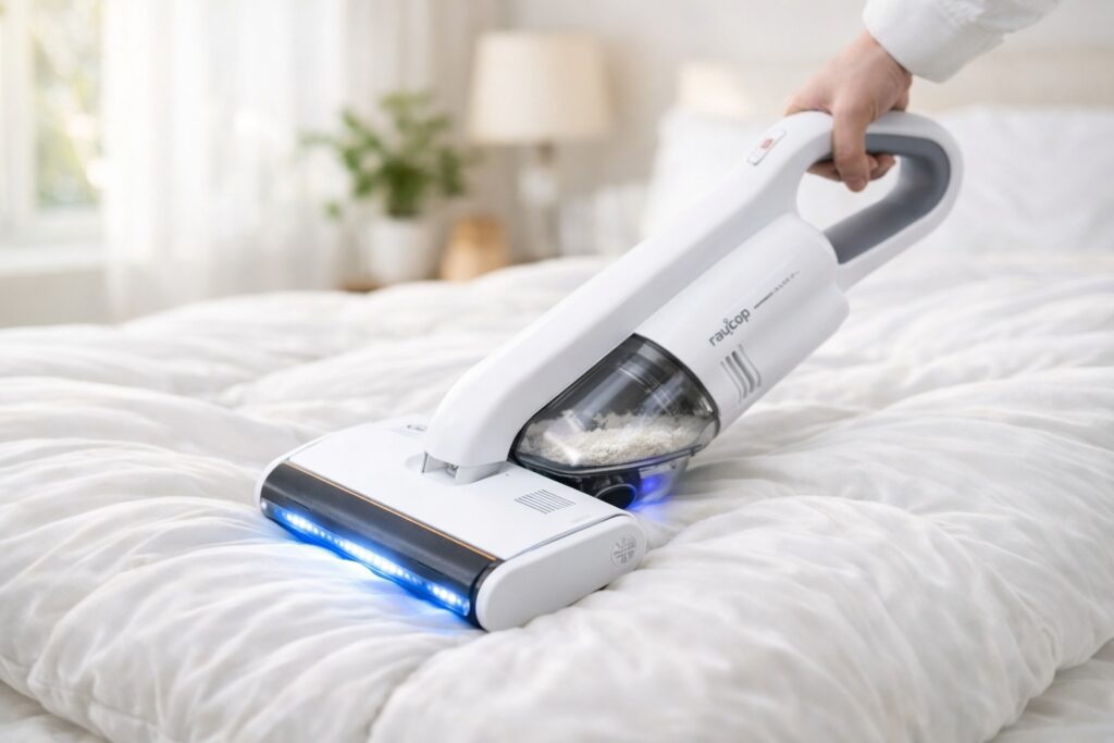 レイコップPRO3で布団を掃除し、ダニやハウスダストを除去して清潔な睡眠環境を整えている様子