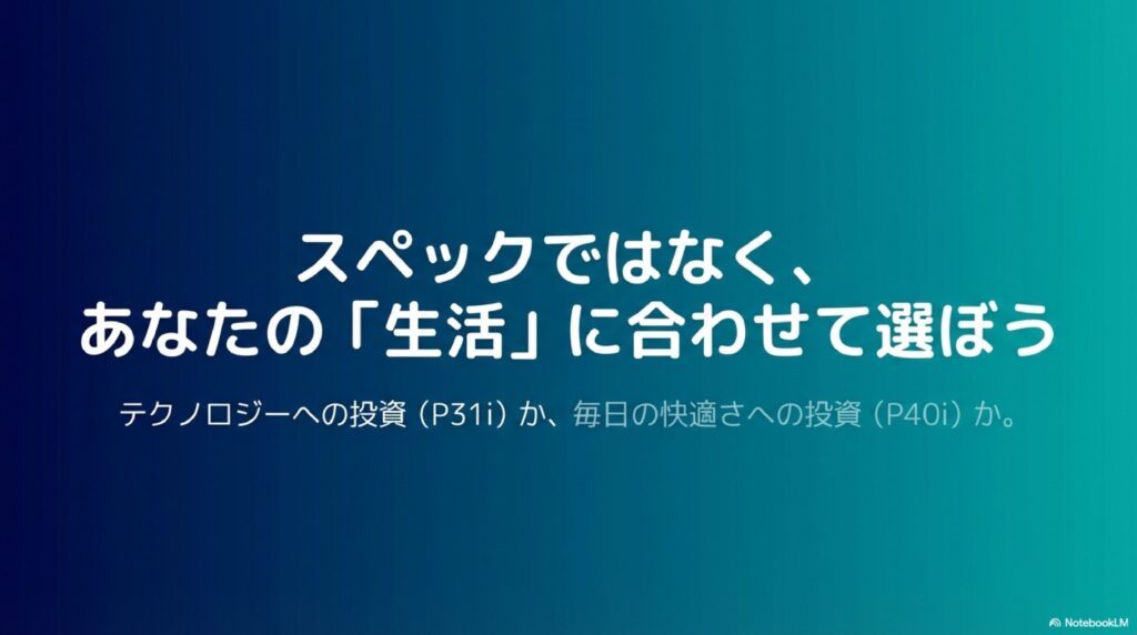 テクノロジーへの投資(P31i)か、毎日の快適さへの投資(P40i)か、生活に合わせて選ぶことを提案するメッセージ