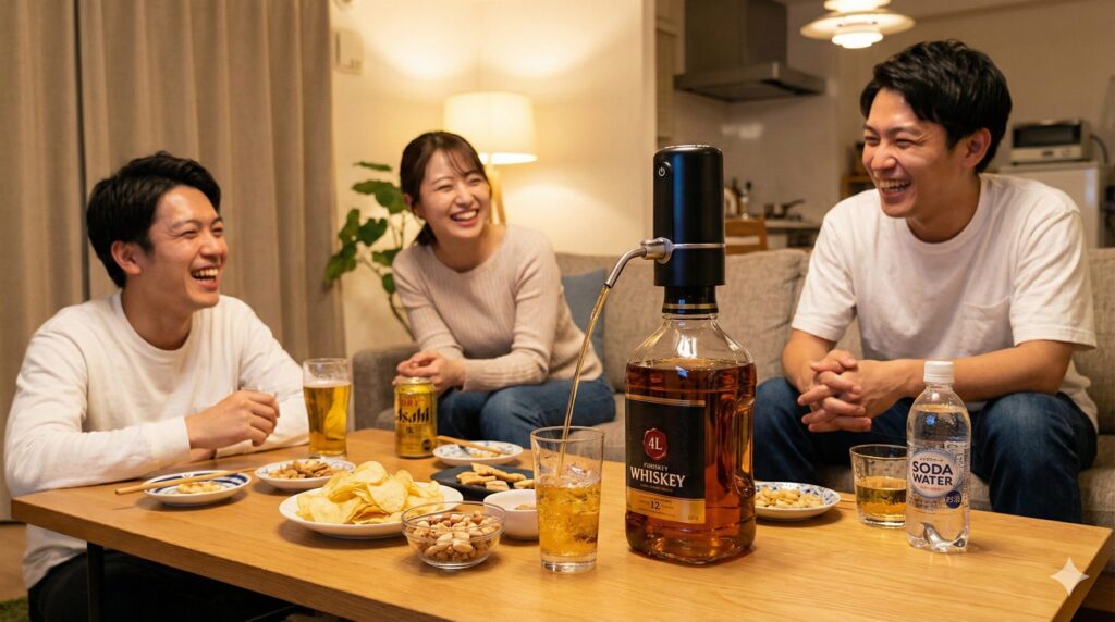 電動ディスペンサー「ポンのみ」を使って4Lボトルからハイボールを注いでいる様子