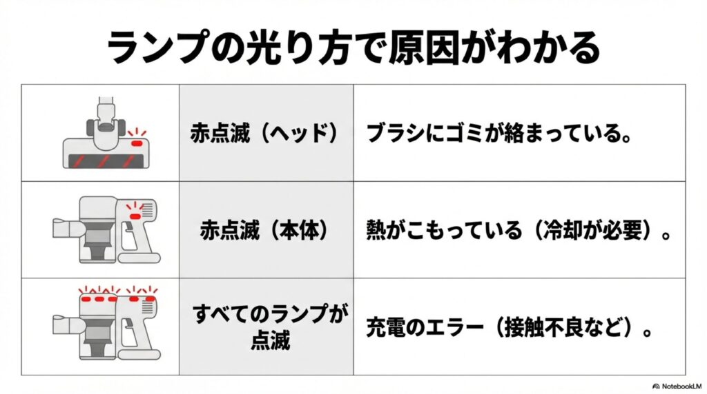 シャーク掃除機のランプ点滅と原因の対応表。赤点滅（ヘッド部）はブラシにゴミが絡まっている、赤点滅（本体）は熱がこもっている（冷却が必要）、すべてのランプが点滅は充電のエラー（接触不良など）であることをアイコン付きで図解