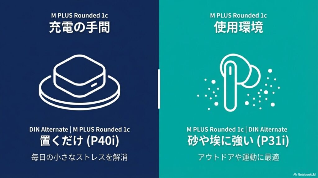 Soundcore P40iの置くだけ充電によるストレス解消と、P31iの砂埃に強いアウトドア適性の比較イメージ