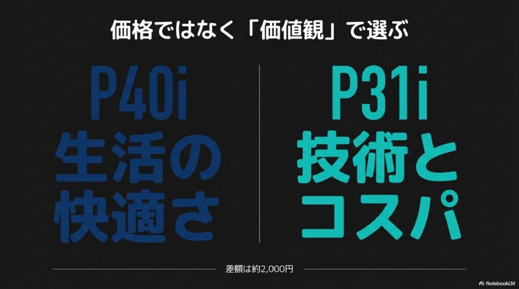 Soundcore P40iは生活の快適さを、P31iは技術とコストパフォーマンスを重視したモデルであることの対比図