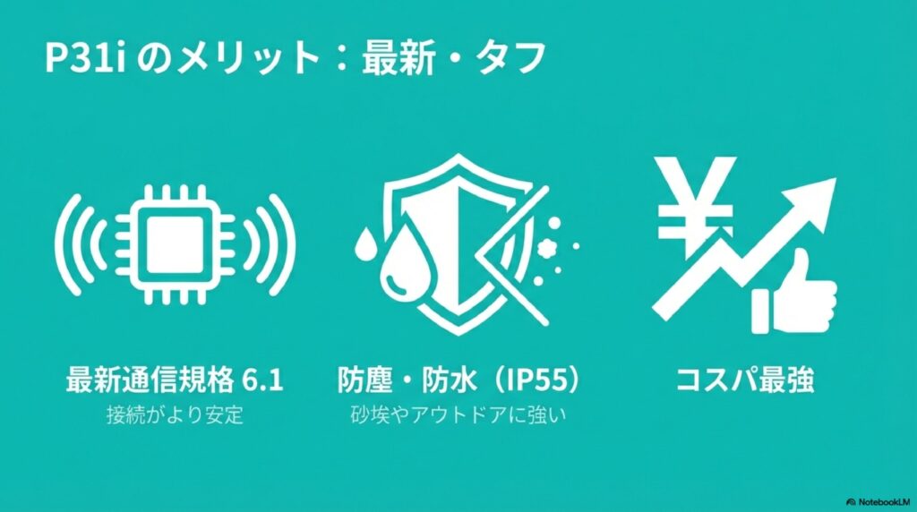 Soundcore P31iの主な特徴であるBluetooth 6.1、防塵・防水IP55、最強のコストパフォーマンスを示すアイコン