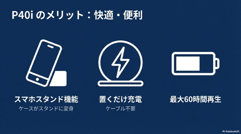 Soundcore P40iの主な特徴であるスマホスタンド機能、置くだけ充電、最大60時間再生を示すアイコン