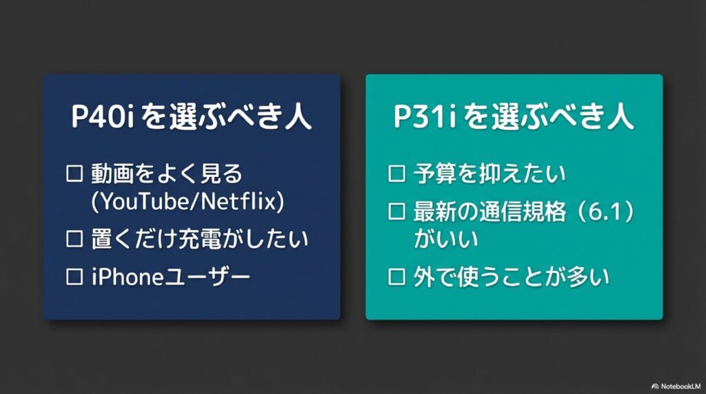動画視聴やiPhoneユーザー向けのP40i、予算重視や最新規格重視向けのP31iそれぞれの推奨ユーザーリスト
