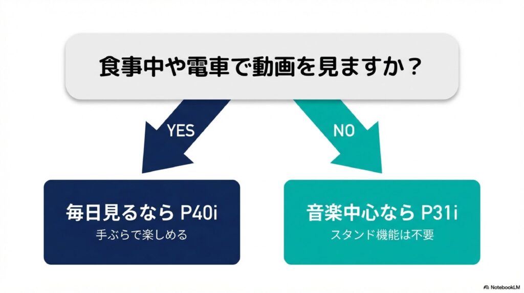 食事中や電車で動画を見る頻度によってP40iとP31iのどちらを選ぶべきか判断するフローチャート
