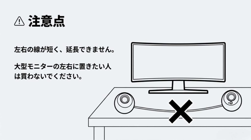 Pebble V3の注意点。左右の線が短く延長できないため、大型モニターの左右に置きたい人は買わないでください。