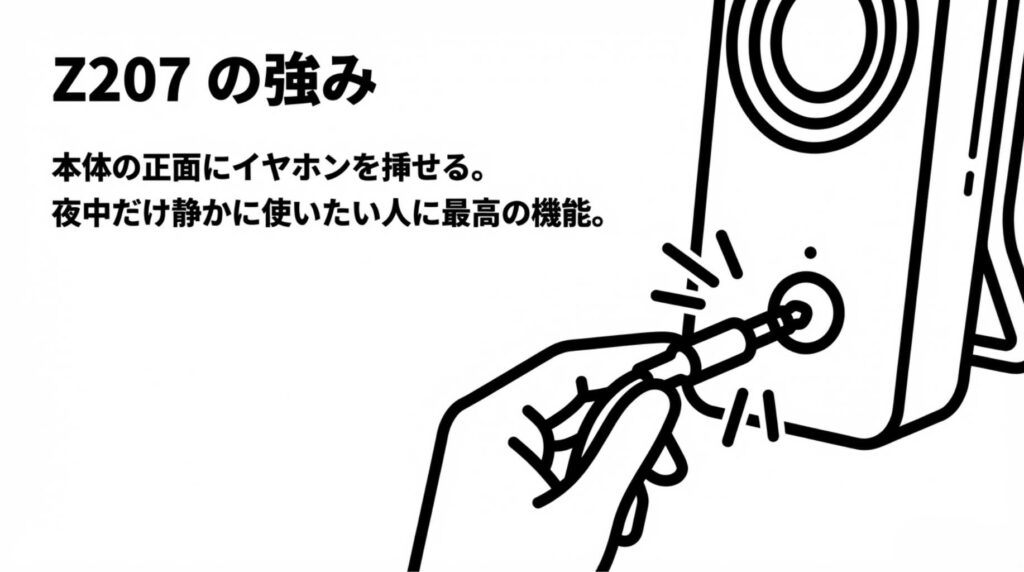 Z207の強み。本体の正面にイヤホンを挿せるため、夜中だけ静かに使いたい人に最高の機能。